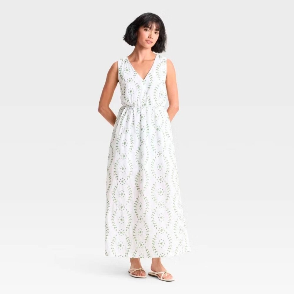 Women's Maxi Open Back Sundress - A New Day Cream GREEN TROPICAL PRINT NWT XXL